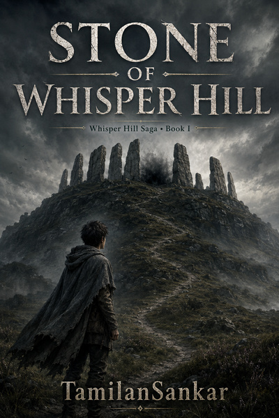 Stone of Whisper Hill book cover showing a cloaked boy facing an ancient stone hill under a dark sky