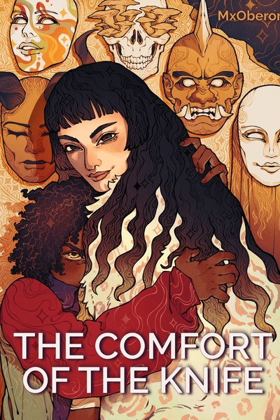 Cover for The Comfort of the Knife. Two women are gripping onto each other against a background of multiple masks.